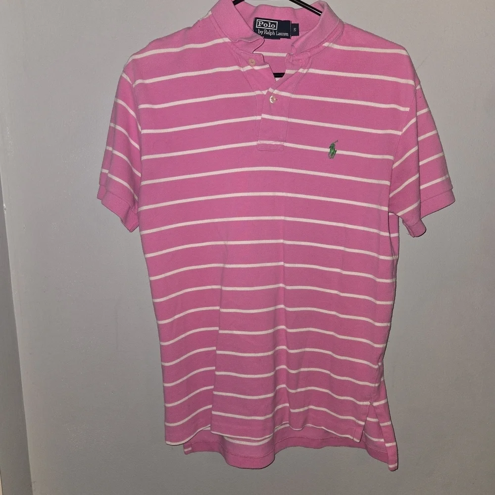 Ralph Lauren Small Mens Pink Short Sleeved Polo With White Stripes Y2k Preppy